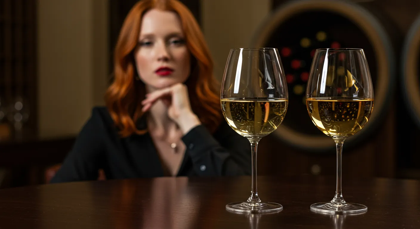 Mulher ruiva elegante com taças de vinho (branco seco, dourado doce) em superfície polida, adega luxuosa. Reflexos sutis.